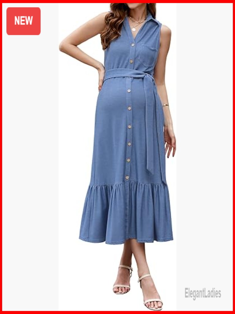 Maternity V-Neck Sleeveless Polo Dress With Pockets Midi Length For Work Or
